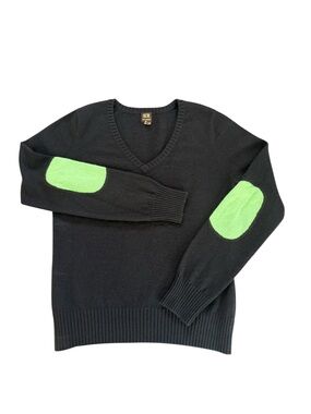 Boo Gemes Chocolate Brown Cashmere Sweater Green Elbow Patch V Neck Womens Large
